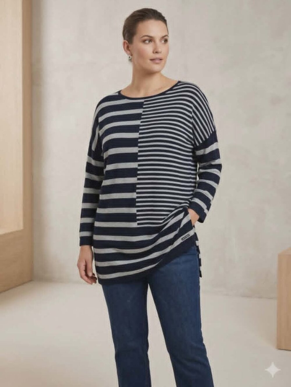 Navy and Gray Stripe Tunic Length Boat Neck Sweater | Size 14 | GERRY WEBER